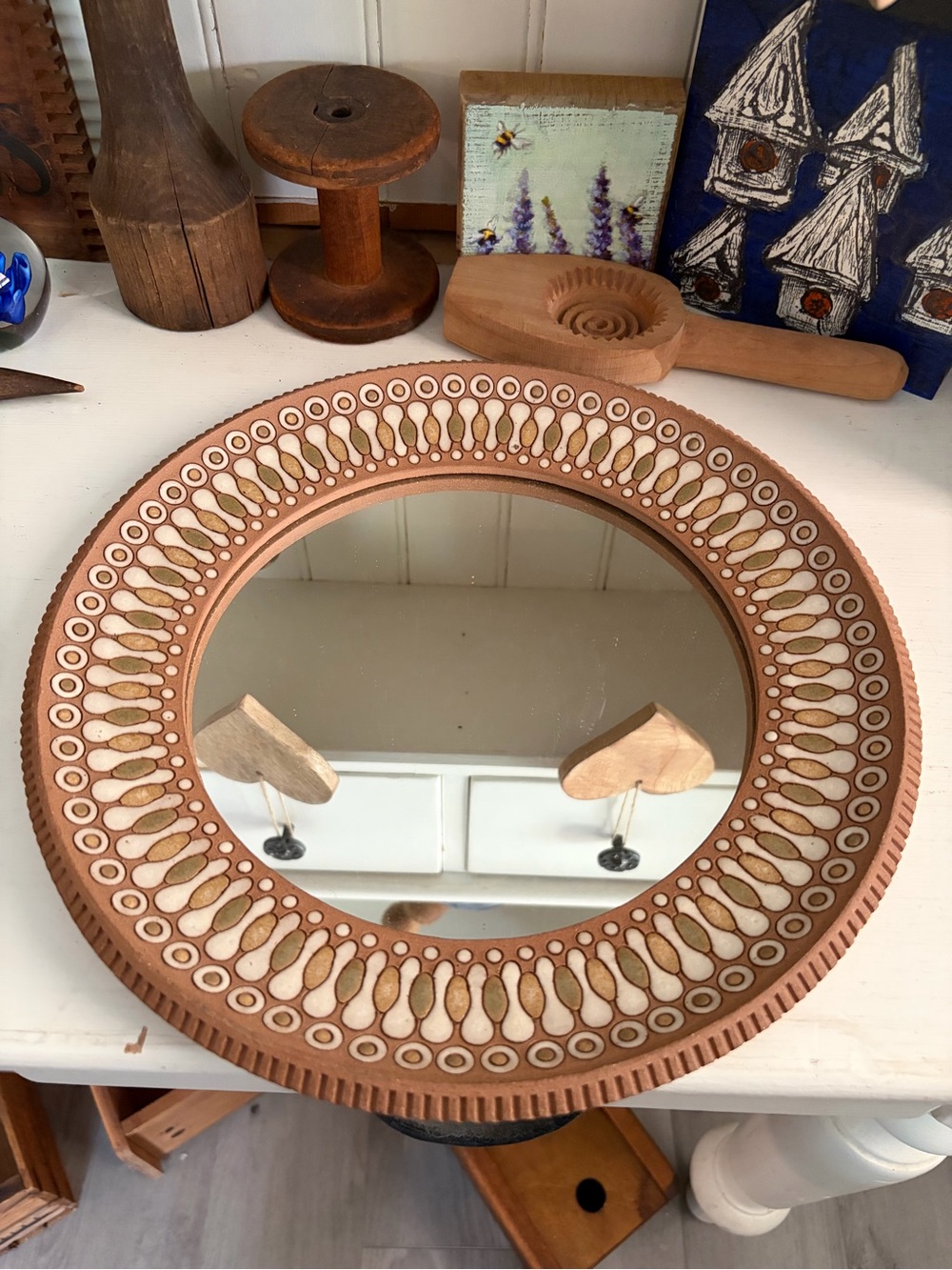 Sua Canada Handcrafted Round Decorative Wall Mirror in Terracotta and Cream